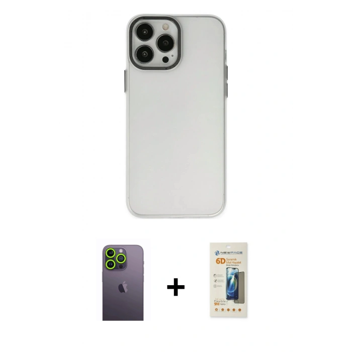 MARSİLYAN™- iPhone 13 Pro Max Kılıf Ahenk Çizgi Prime - Siyah 6D Mat Seramik Hayalet Nano Ekran Koruyucu + Neon Fosforlu Kamera Lens - YL