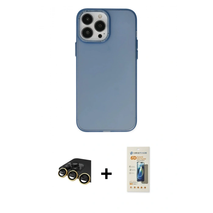 MARSİLYAN™- iPhone 13 Pro Max Kılıf Ahenk Çizgi Prime - Siyah 6D Mat Seramik Hayalet Nano Ekran Koruyucu + Gold Raze Metal Kamera Lens