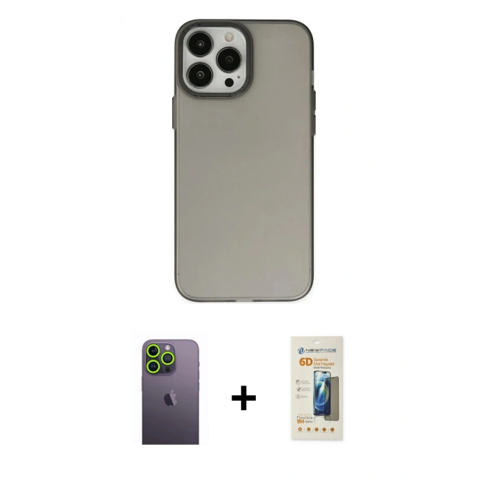 MARSİLYAN™- iPhone 13 Pro Max Kılıf Ahenk Çizgi Prime - Siyah 6D Mat Seramik Hayalet Nano Ekran Koruyucu + Neon Fosforlu Kamera Lens - YL