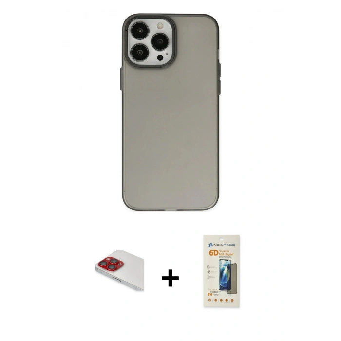MARSİLYAN™- iPhone 13 Pro Max Kılıf Ahenk Çizgi Prime - Siyah 6D Mat Seramik Hayalet Nano Ekran Koruyucu + Kırmızı Pers Alüminyum Kamera Lens