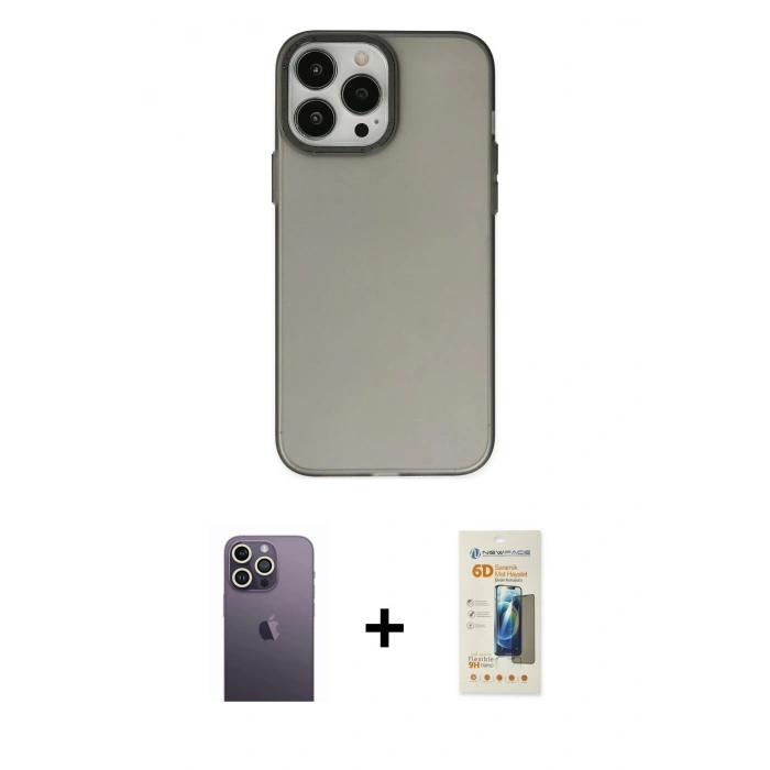 MARSİLYAN™- iPhone 13 Pro Max Kılıf Ahenk Çizgi Prime - Siyah 6D Mat Seramik Hayalet Nano Ekran Koruyucu + Neon Fosforlu Kamera Lens - BZ