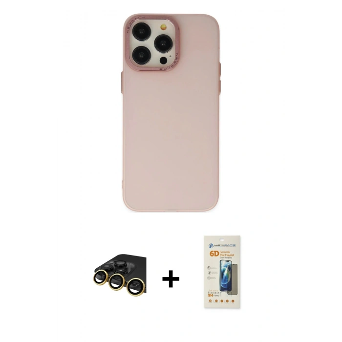 MARSİLYAN™- iPhone 13 Pro Max Kılıf Ahenk Çizgi Prime - Siyah 6D Mat Seramik Hayalet Nano Ekran Koruyucu + Gold Raze Metal Kamera Lens