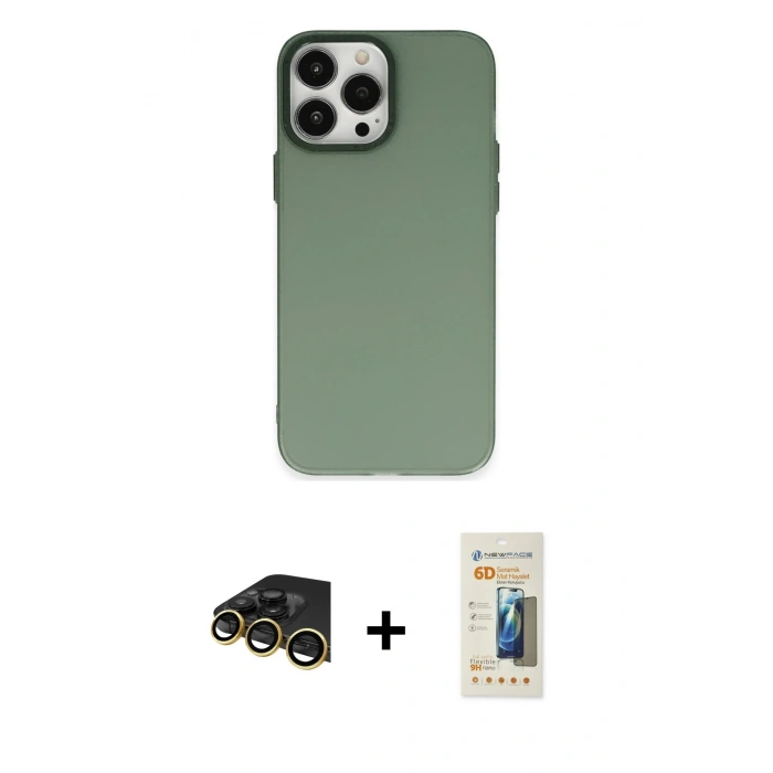 MARSİLYAN™- iPhone 13 Pro Max Kılıf Ahenk Çizgi Prime - Siyah 6D Mat Seramik Hayalet Nano Ekran Koruyucu + Gold Raze Metal Kamera Lens
