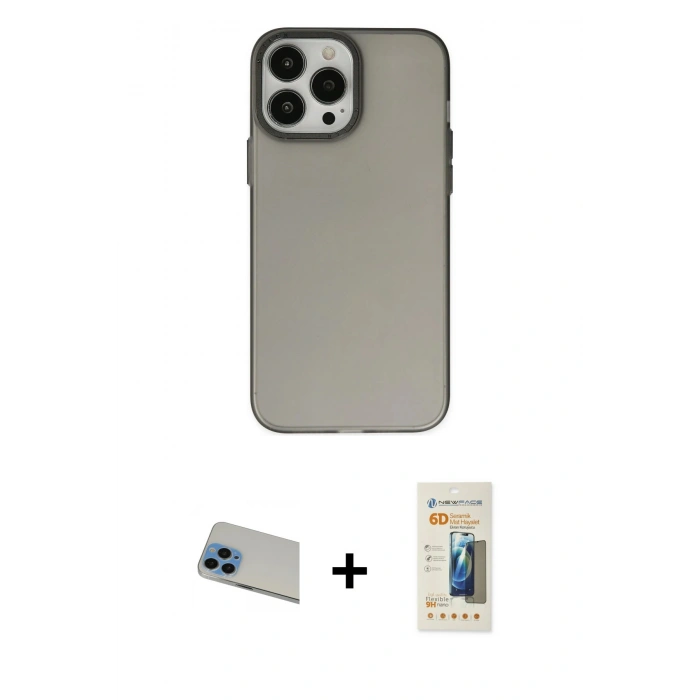MARSİLYAN™- iPhone 13 Pro Max Kılıf Ahenk Çizgi Prime - Siyah 6D Mat Seramik Hayalet Nano Ekran Koruyucu + Rainbow Kamera Lens Koruma Cam - MI