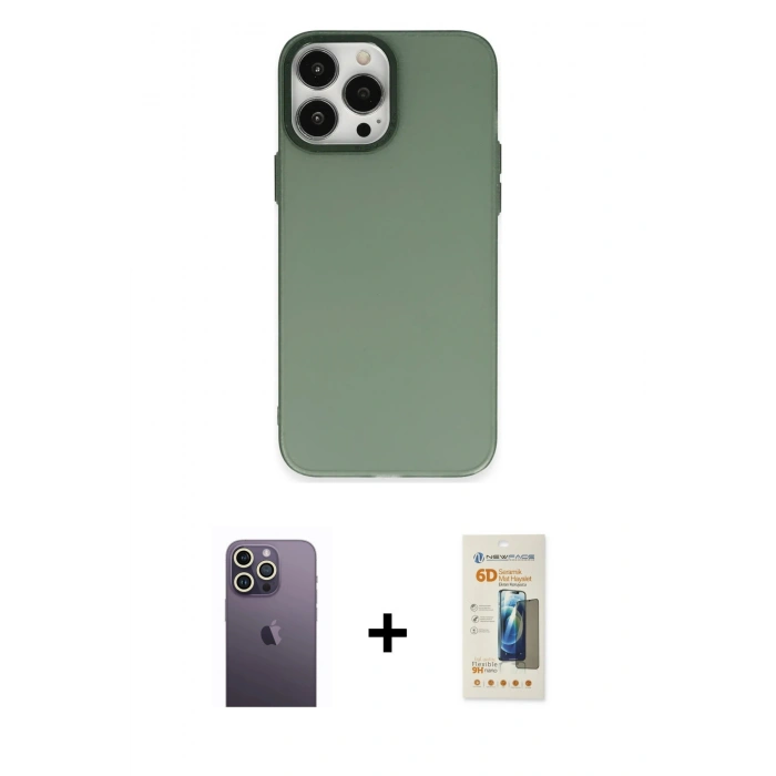 MARSİLYAN™- iPhone 13 Pro Max Kılıf Ahenk Çizgi Prime - Siyah 6D Mat Seramik Hayalet Nano Ekran Koruyucu + Neon Fosforlu Kamera Lens - BZ