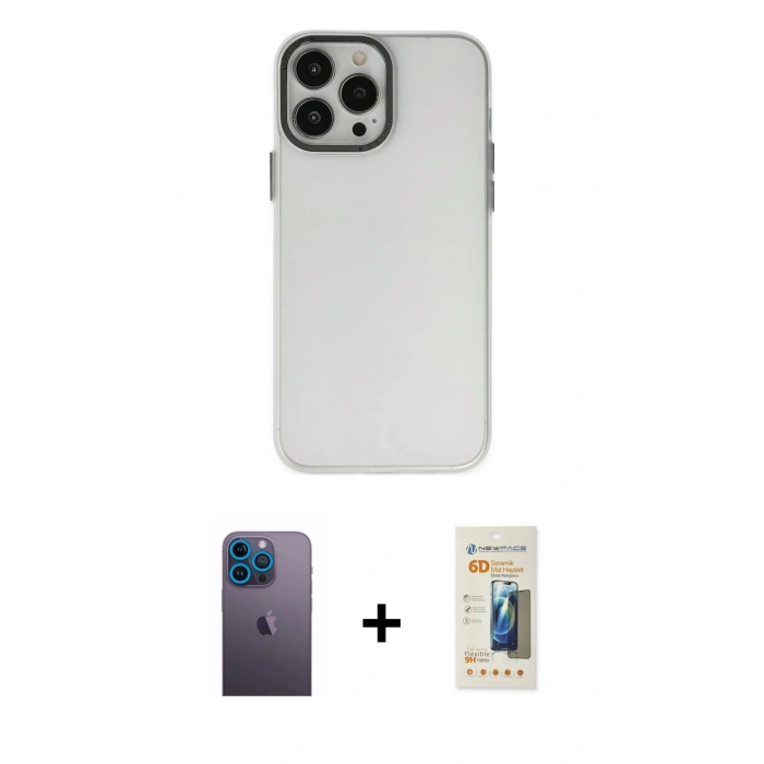 MARSİLYAN™- iPhone 13 Pro Max Kılıf Ahenk Çizgi Prime - Siyah 6D Mat Seramik Hayalet Nano Ekran Koruyucu + Mavi Neon Fosforlu Kamera Lens