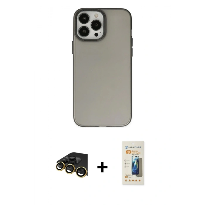 MARSİLYAN™- iPhone 13 Pro Max Kılıf Ahenk Çizgi Prime - Siyah 6D Mat Seramik Hayalet Nano Ekran Koruyucu + Gold Raze Metal Kamera Lens