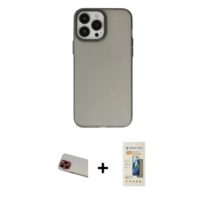 MARSİLYAN™- iPhone 13 Pro Max Kılıf Ahenk Çizgi Prime - Siyah 6D Mat Seramik Hayalet Nano Ekran Koruyucu + Rainbow Kamera Lens Koruma Cam - KI