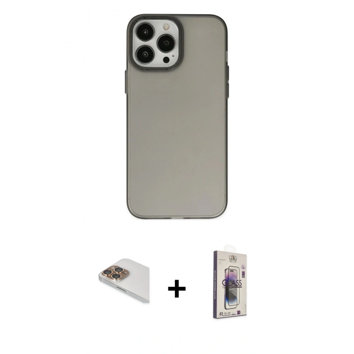 MARSİLYAN™- iPhone 13 Pro Max Kılıf Ahenk Çizgi Prime - Siyah Bilvis 3D Cam Ekran Koruyucu + Gold Pers Alüminyum Kamera Lens