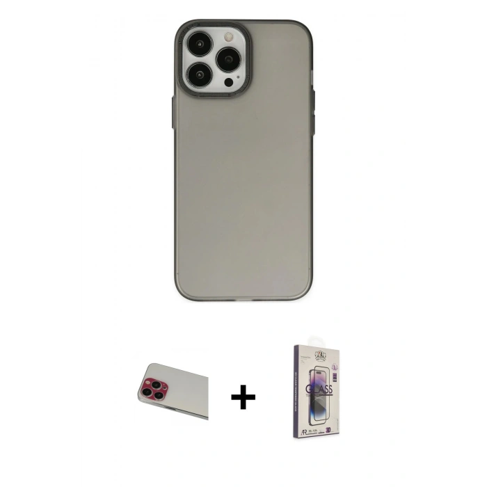 MARSİLYAN™- iPhone 13 Pro Max Kılıf Ahenk Çizgi Prime - Siyah Bilvis 3D Cam Ekran Koruyucu + Kırmızı Rainbow Kamera Lens Koruma Cam