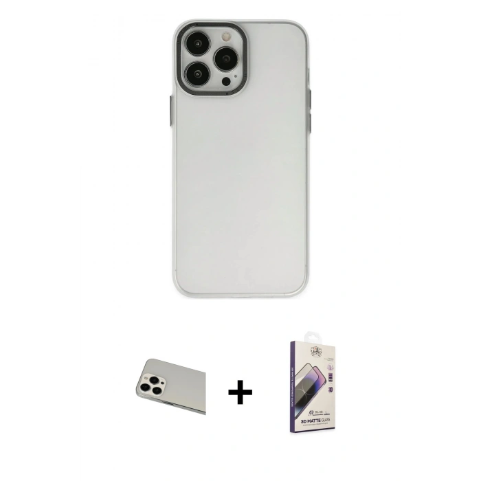 MARSİLYAN™- iPhone 13 Pro Max Kılıf Ahenk Çizgi Prime - Siyah Bilvis 3D Mat Cam Ekran Koruyucu + Beyaz Rainbow Kamera Lens Koruma Cam