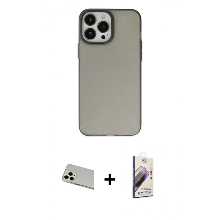 MARSİLYAN™- iPhone 13 Pro Max Kılıf Ahenk Çizgi Prime - Siyah Bilvis 3D Mat Cam Ekran Koruyucu + Beyaz Rainbow Kamera Lens Koruma Cam