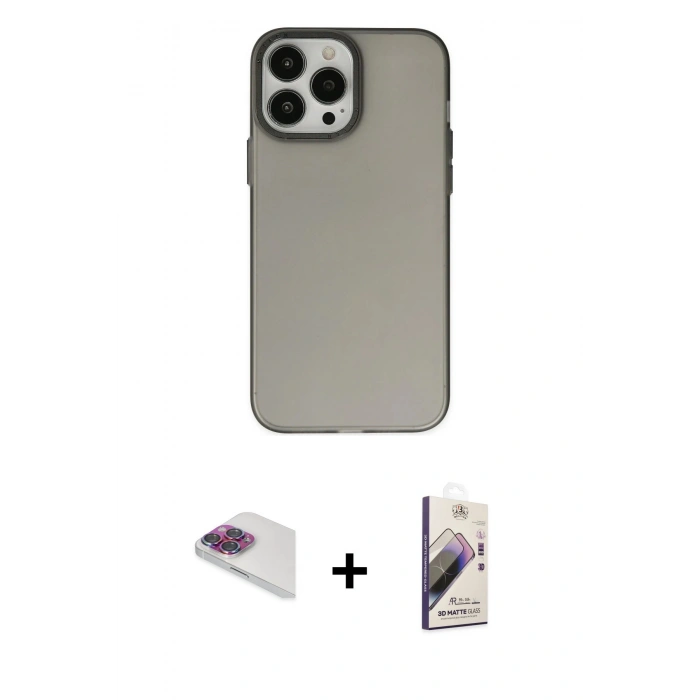 MARSİLYAN™- iPhone 13 Pro Max Kılıf Ahenk Çizgi Prime - Siyah Bilvis 3D Mat Cam Ekran Koruyucu + Pers Alüminyum Kamera Lens - GI