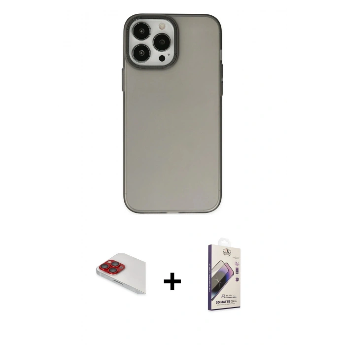 MARSİLYAN™- iPhone 13 Pro Max Kılıf Ahenk Çizgi Prime - Siyah Bilvis 3D Mat Cam Ekran Koruyucu + Kırmızı Pers Alüminyum Kamera Lens