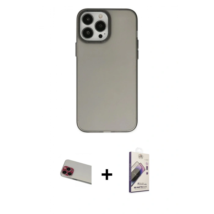 MARSİLYAN™- iPhone 13 Pro Max Kılıf Ahenk Çizgi Prime - Siyah Bilvis 3D Mat Cam Ekran Koruyucu + Rainbow Kamera Lens Koruma Cam - KI
