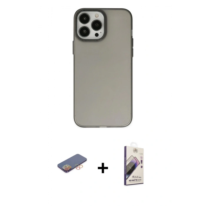 MARSİLYAN™- iPhone 13 Pro Max Kılıf Ahenk Çizgi Prime - Siyah Bilvis 3D Mat Cam Ekran Koruyucu + Renkli Kamera Lens Koruma Cam - TU