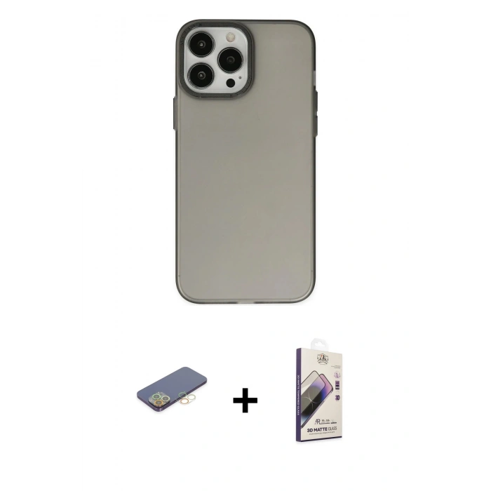 MARSİLYAN™- iPhone 13 Pro Max Kılıf Ahenk Çizgi Prime - Siyah Bilvis 3D Mat Cam Ekran Koruyucu + Renkli Kamera Lens Koruma Cam - SI