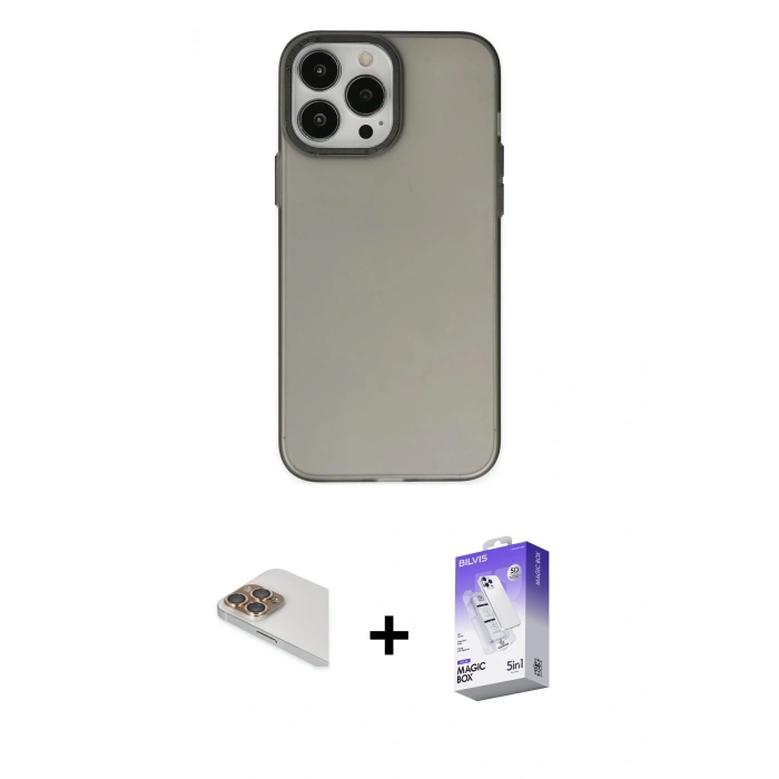 MARSİLYAN™- iPhone 13 Pro Max Kılıf Ahenk Çizgi Prime - Siyah Bilvis 5in1 3D Magic Cam Ekran Koruyucu + Pers Alüminyum Kamera Lens - GD