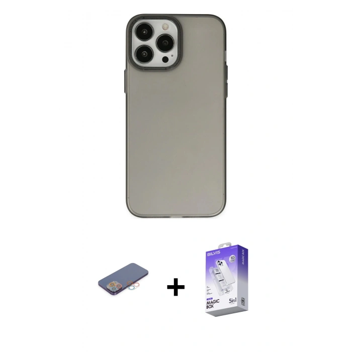 MARSİLYAN™- iPhone 13 Pro Max Kılıf Ahenk Çizgi Prime - Siyah Bilvis 5in1 3D Magic Cam Ekran Koruyucu + Pembe Renkli Kamera Lens Koruma Cam