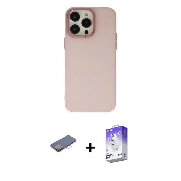 MARSİLYAN™- iPhone 13 Pro Max Kılıf Ahenk Çizgi Prime - Siyah Bilvis 5in1 3D Magic Cam Ekran Koruyucu + Pembe Renkli Kamera Lens Koruma Cam