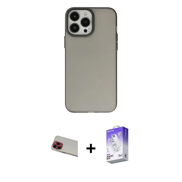 MARSİLYAN™- iPhone 13 Pro Max Kılıf Ahenk Çizgi Prime - Siyah Bilvis 5in1 3D Magic Cam Ekran Koruyucu + Rainbow Kamera Lens Koruma Cam - KI