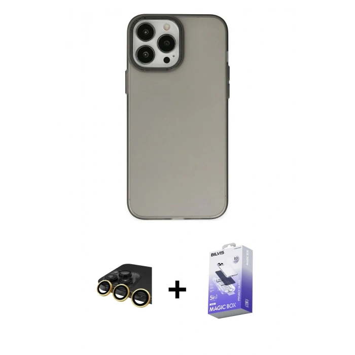 MARSİLYAN™- iPhone 13 Pro Max Kılıf Ahenk Çizgi Prime - Siyah Bilvis 5in1 5D Magic Hayalet Cam Ekran Koruyucu + Raze Metal Kamera Lens - GD