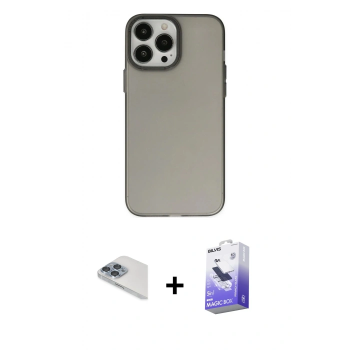 MARSİLYAN™- iPhone 13 Pro Max Kılıf Ahenk Çizgi Prime - Siyah Bilvis 5in1 5D Magic Hayalet Cam Ekran Koruyucu + Pers Alüminyum Kamera Lens - SABE