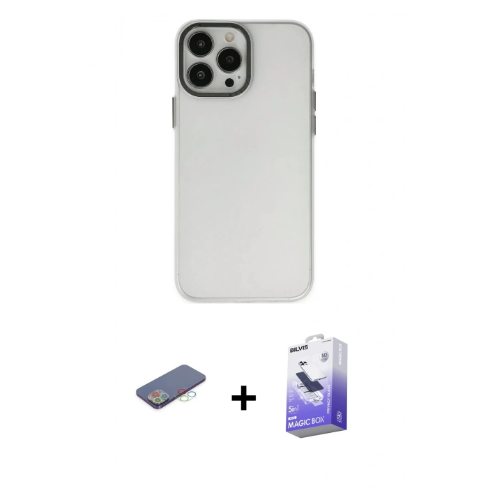 MARSİLYAN™- iPhone 13 Pro Max Kılıf Ahenk Çizgi Prime - Siyah Bilvis 5in1 5D Magic Hayalet Cam Ekran Koruyucu + Mavi Renkli Kamera Lens Koruma Cam