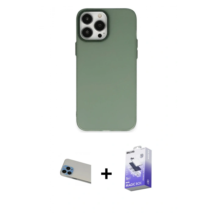 MARSİLYAN™- iPhone 13 Pro Max Kılıf Ahenk Çizgi Prime - Siyah Bilvis 5in1 5D Magic Hayalet Cam Ekran Koruyucu + Mavi Rainbow Kamera Lens Koruma Cam