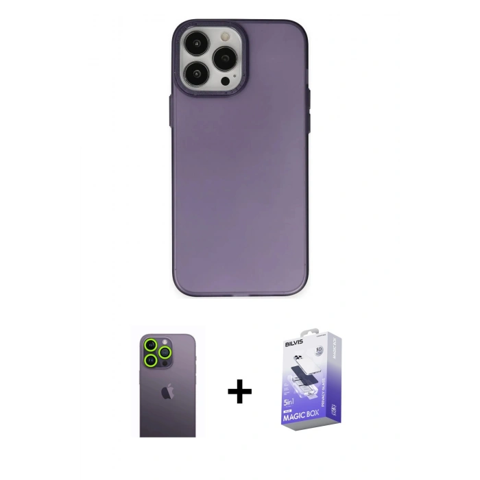 MARSİLYAN™- iPhone 13 Pro Max Kılıf Ahenk Çizgi Prime - Siyah Bilvis 5in1 5D Magic Hayalet Cam Ekran Koruyucu + Neon Fosforlu Kamera Lens - YL
