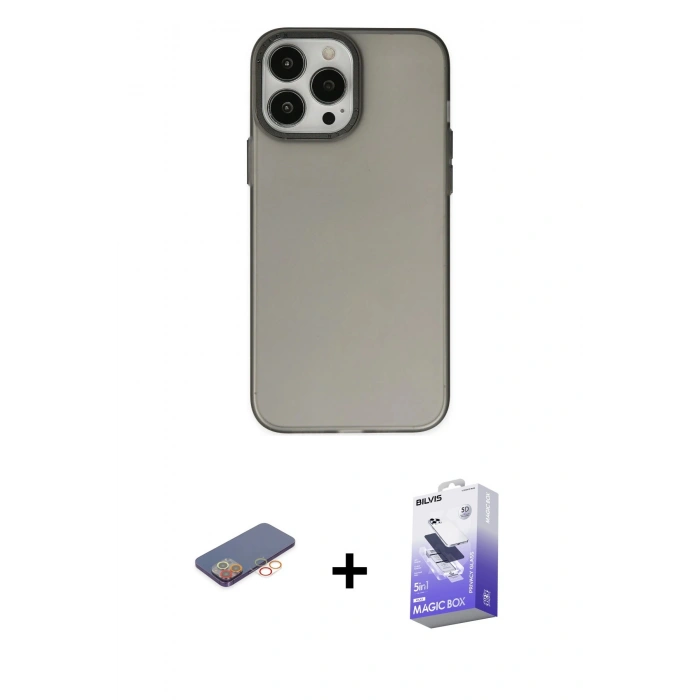 MARSİLYAN™- iPhone 13 Pro Max Kılıf Ahenk Çizgi Prime - Siyah Bilvis 5in1 5D Magic Hayalet Cam Ekran Koruyucu + Renkli Kamera Lens Koruma Cam - TU