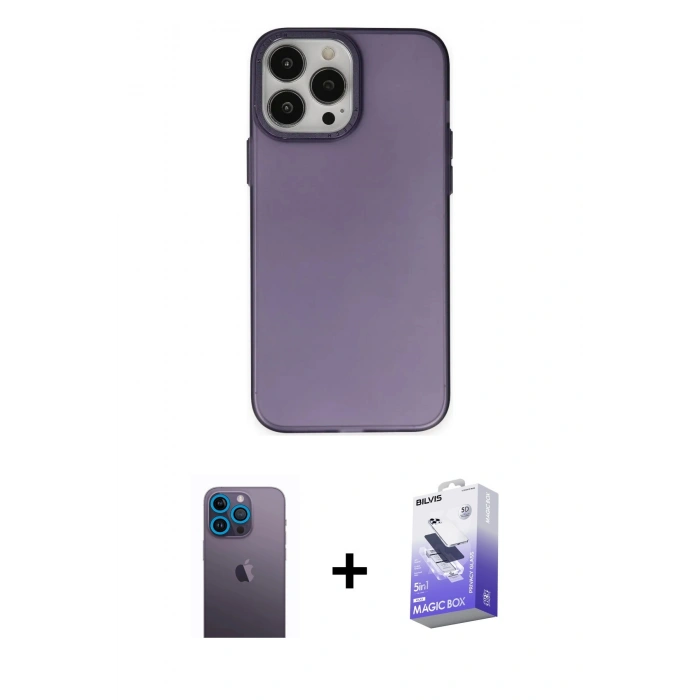 MARSİLYAN™- iPhone 13 Pro Max Kılıf Ahenk Çizgi Prime - Siyah Bilvis 5in1 5D Magic Hayalet Cam Ekran Koruyucu + Neon Fosforlu Kamera Lens - MI