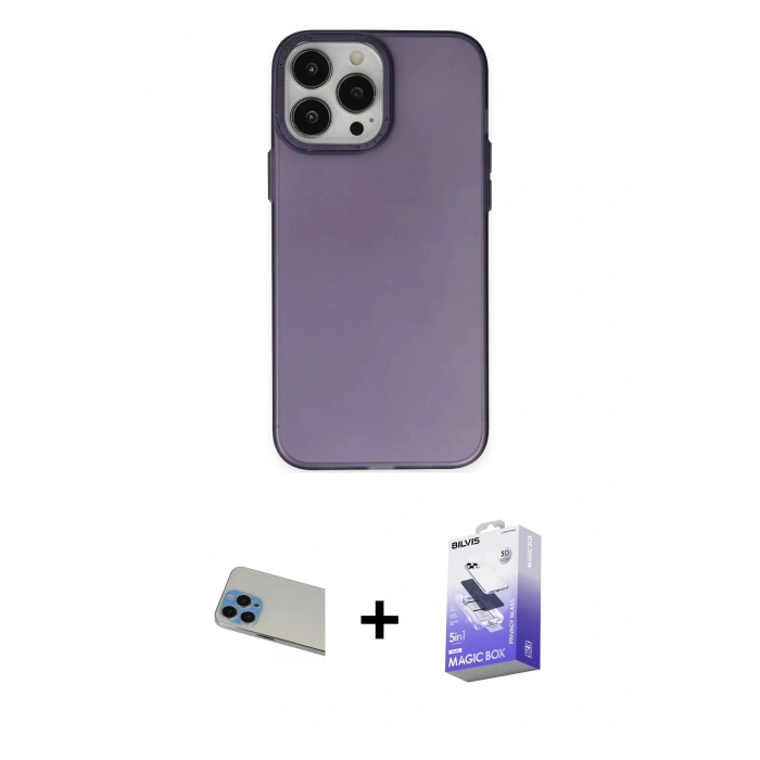 MARSİLYAN™- iPhone 13 Pro Max Kılıf Ahenk Çizgi Prime - Siyah Bilvis 5in1 5D Magic Hayalet Cam Ekran Koruyucu + Mavi Rainbow Kamera Lens Koruma Cam