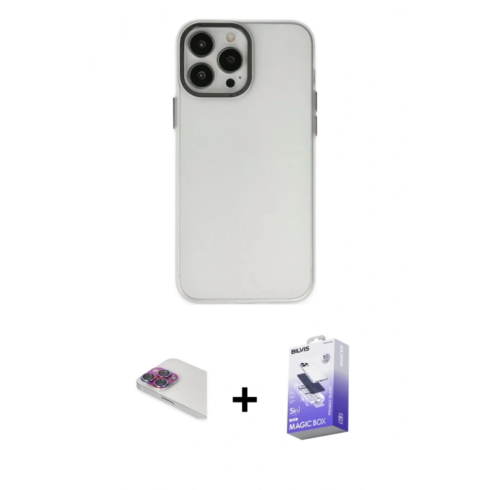 MARSİLYAN™- iPhone 13 Pro Max Kılıf Ahenk Çizgi Prime - Siyah Bilvis 5in1 5D Magic Hayalet Cam Ekran Koruyucu + Pers Alüminyum Kamera Lens - GI