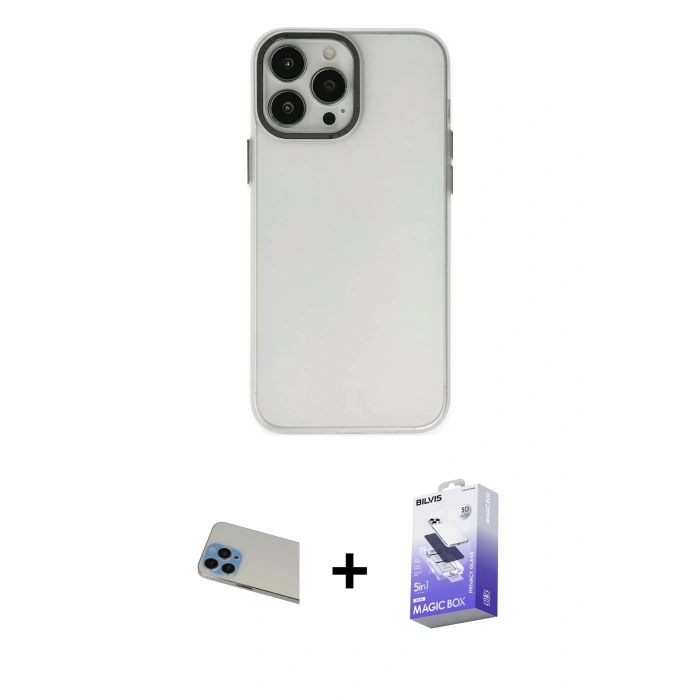 MARSİLYAN™- iPhone 13 Pro Max Kılıf Ahenk Çizgi Prime - Siyah Bilvis 5in1 5D Magic Hayalet Cam Ekran Koruyucu + Mavi Rainbow Kamera Lens Koruma Cam