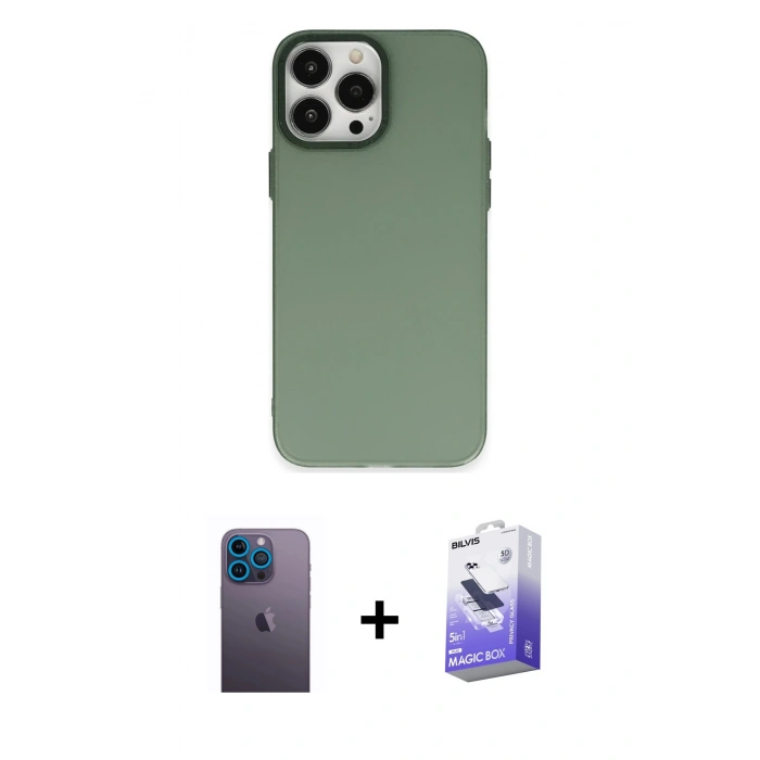 MARSİLYAN™- iPhone 13 Pro Max Kılıf Ahenk Çizgi Prime - Siyah Bilvis 5in1 5D Magic Hayalet Cam Ekran Koruyucu + Neon Fosforlu Kamera Lens - MI