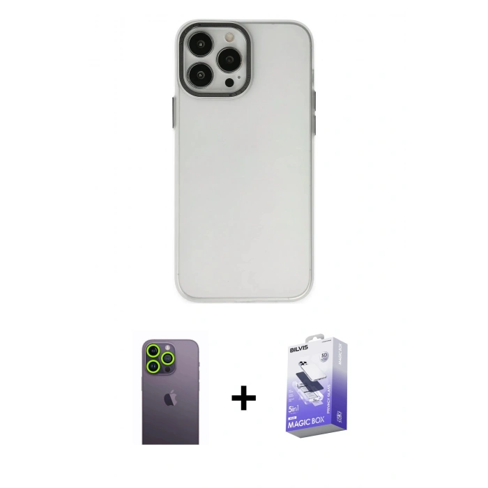 MARSİLYAN™- iPhone 13 Pro Max Kılıf Ahenk Çizgi Prime - Siyah Bilvis 5in1 5D Magic Hayalet Cam Ekran Koruyucu + Neon Fosforlu Kamera Lens - YL