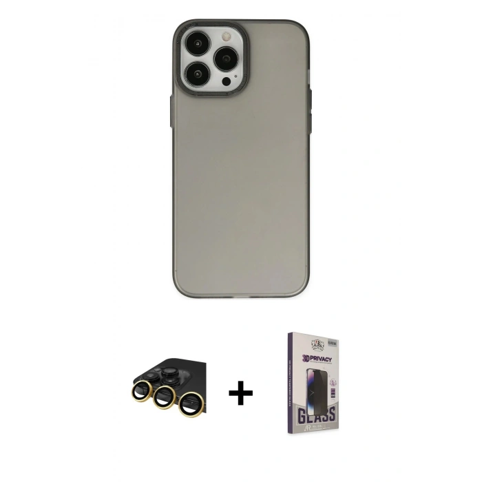 MARSİLYAN™- iPhone 13 Pro Max Kılıf Ahenk Çizgi Prime - Siyah Bilvis Hayalet Cam Ekran Koruyucu + Raze Metal Kamera Lens - GD