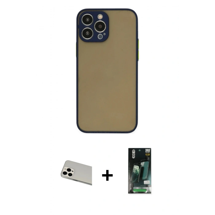 MARSİLYAN™- iPhone 13 Pro Max Kılıf Ahenk Çizgi Serisi - Şeffaf 360 Full Body Arka Koruyucu + Rainbow Kamera Lens Koruma Cam - BZ