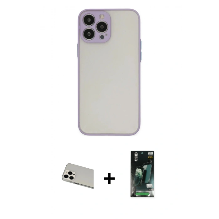MARSİLYAN™- iPhone 13 Pro Max Kılıf Ahenk Çizgi Serisi - Şeffaf 360 Full Body Arka Koruyucu + Rainbow Kamera Lens Koruma Cam - BZ