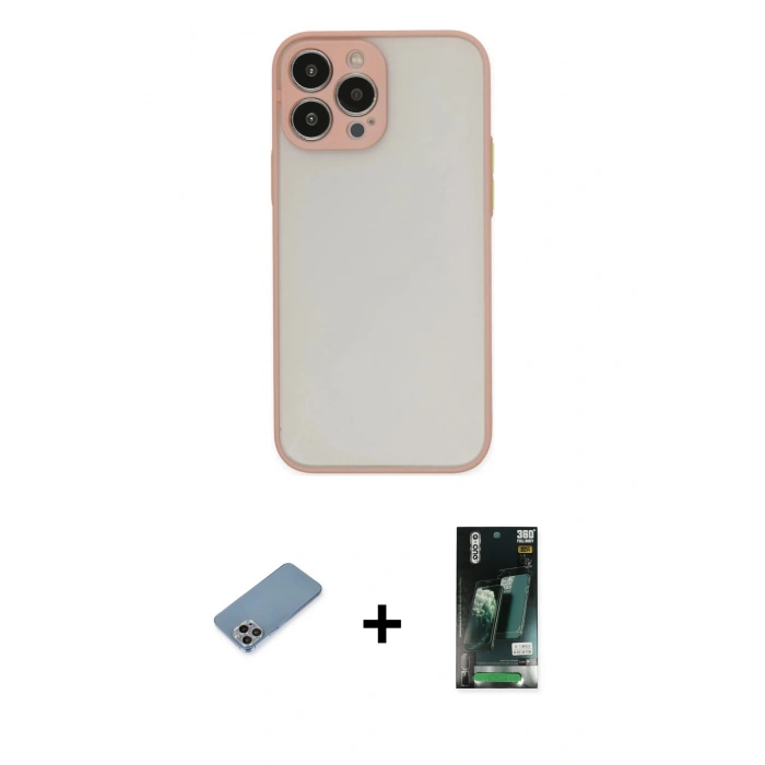 MARSİLYAN™- iPhone 13 Pro Max Kılıf Ahenk Çizgi Serisi - Şeffaf 360 Full Body Arka Koruyucu + Shine Kamera Lens Koruma Cam - GI