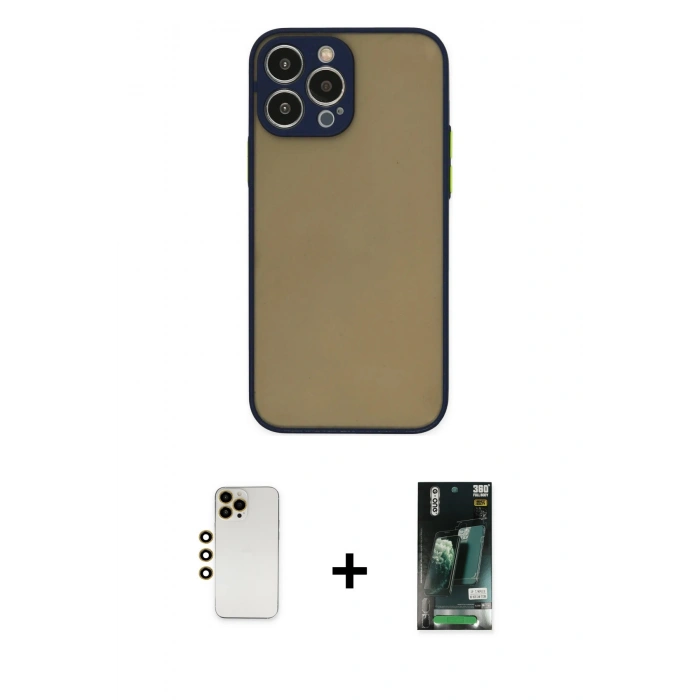 MARSİLYAN™- iPhone 13 Pro Max Kılıf Ahenk Çizgi Serisi - Şeffaf 360 Full Body Arka Koruyucu + Gold Shine Kamera Lens