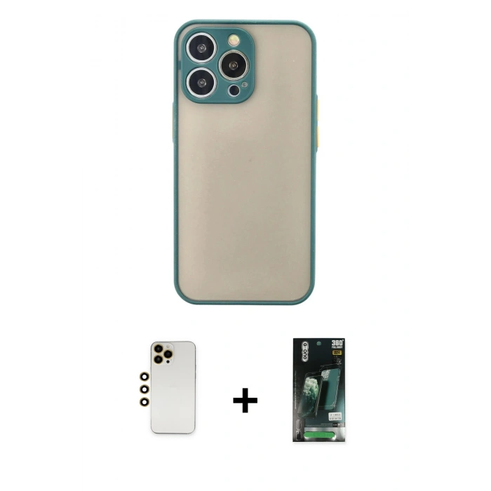 MARSİLYAN™- iPhone 13 Pro Max Kılıf Ahenk Çizgi Serisi - Şeffaf 360 Full Body Arka Koruyucu + Gold Shine Kamera Lens