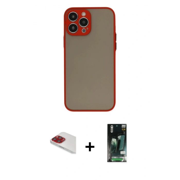 MARSİLYAN™- iPhone 13 Pro Max Kılıf Ahenk Çizgi Serisi - Şeffaf 360 Full Body Arka Koruyucu + Kırmızı Pers Alüminyum Kamera Lens