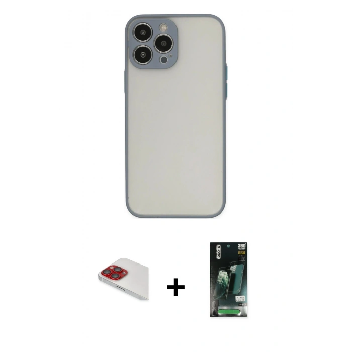 MARSİLYAN™- iPhone 13 Pro Max Kılıf Ahenk Çizgi Serisi - Şeffaf 360 Full Body Arka Koruyucu + Kırmızı Pers Alüminyum Kamera Lens
