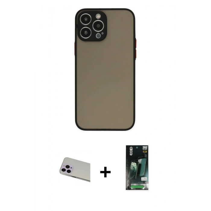 MARSİLYAN™- iPhone 13 Pro Max Kılıf Ahenk Çizgi Serisi - Şeffaf 360 Full Body Arka Koruyucu + Rainbow Kamera Lens Koruma Cam - MR