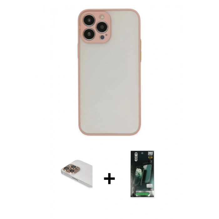 MARSİLYAN™- iPhone 13 Pro Max Kılıf Ahenk Çizgi Serisi - Şeffaf 360 Full Body Arka Koruyucu + Pers Alüminyum Kamera Lens - GD