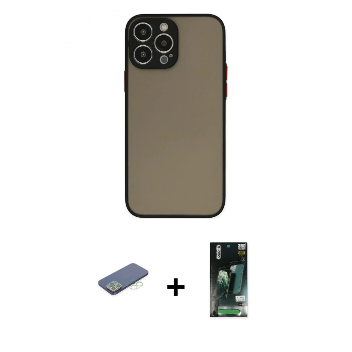 MARSİLYAN™- iPhone 13 Pro Max Kılıf Ahenk Çizgi Serisi - Şeffaf 360 Full Body Arka Koruyucu + Yeşil Renkli Kamera Lens Koruma Cam