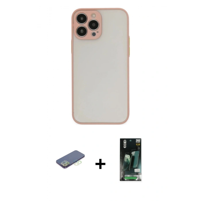 MARSİLYAN™- iPhone 13 Pro Max Kılıf Ahenk Çizgi Serisi - Şeffaf 360 Full Body Arka Koruyucu + Yeşil Renkli Kamera Lens Koruma Cam