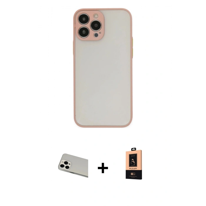 MARSİLYAN™- iPhone 13 Pro Max Kılıf Ahenk Çizgi Serisi - Şeffaf Maxco Cam Ekran Koruyucu + Rainbow Kamera Lens Koruma Cam - BZ